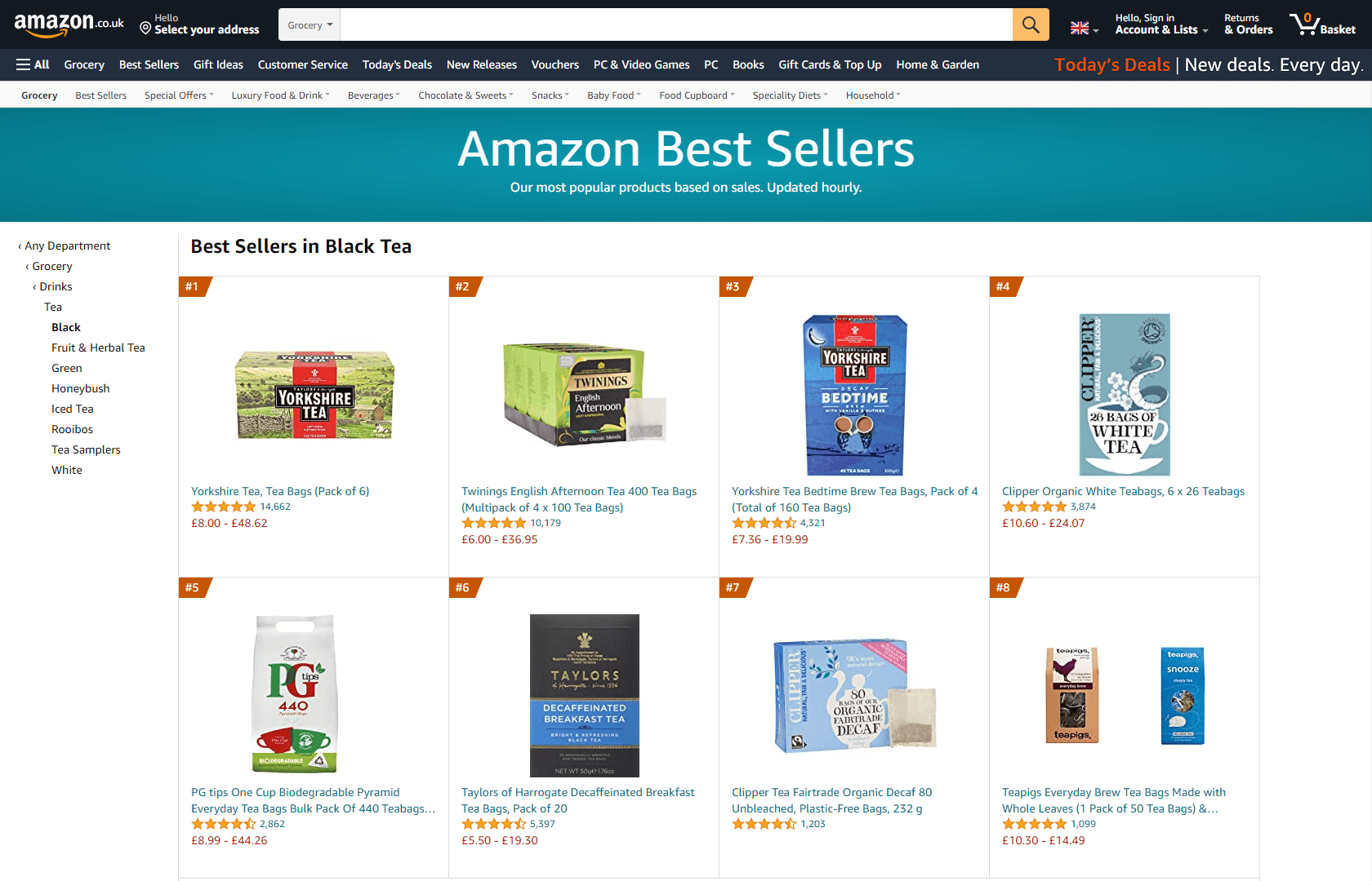 Best Seller Rankings for Black Tea on Amazon.co.uk